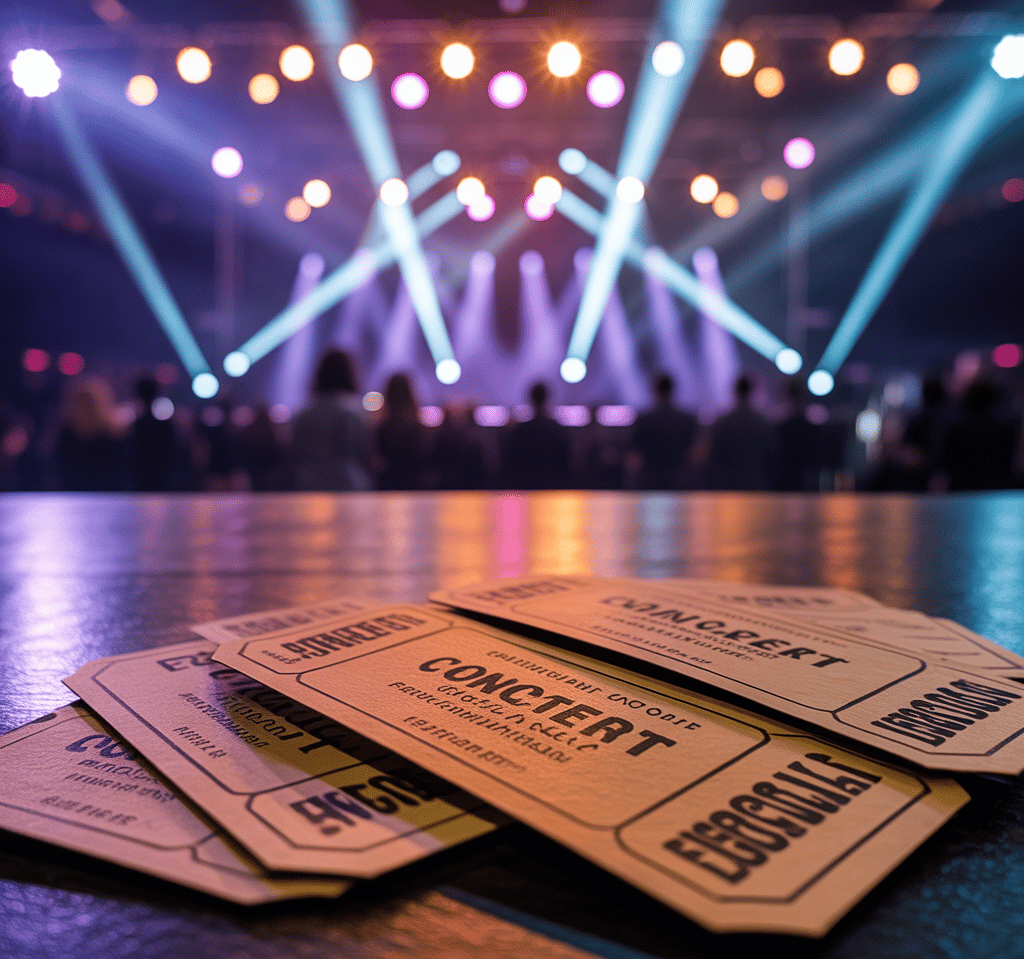 Ingressos de show sobre mesa com luzes de palco ao fundo em ambiente de evento