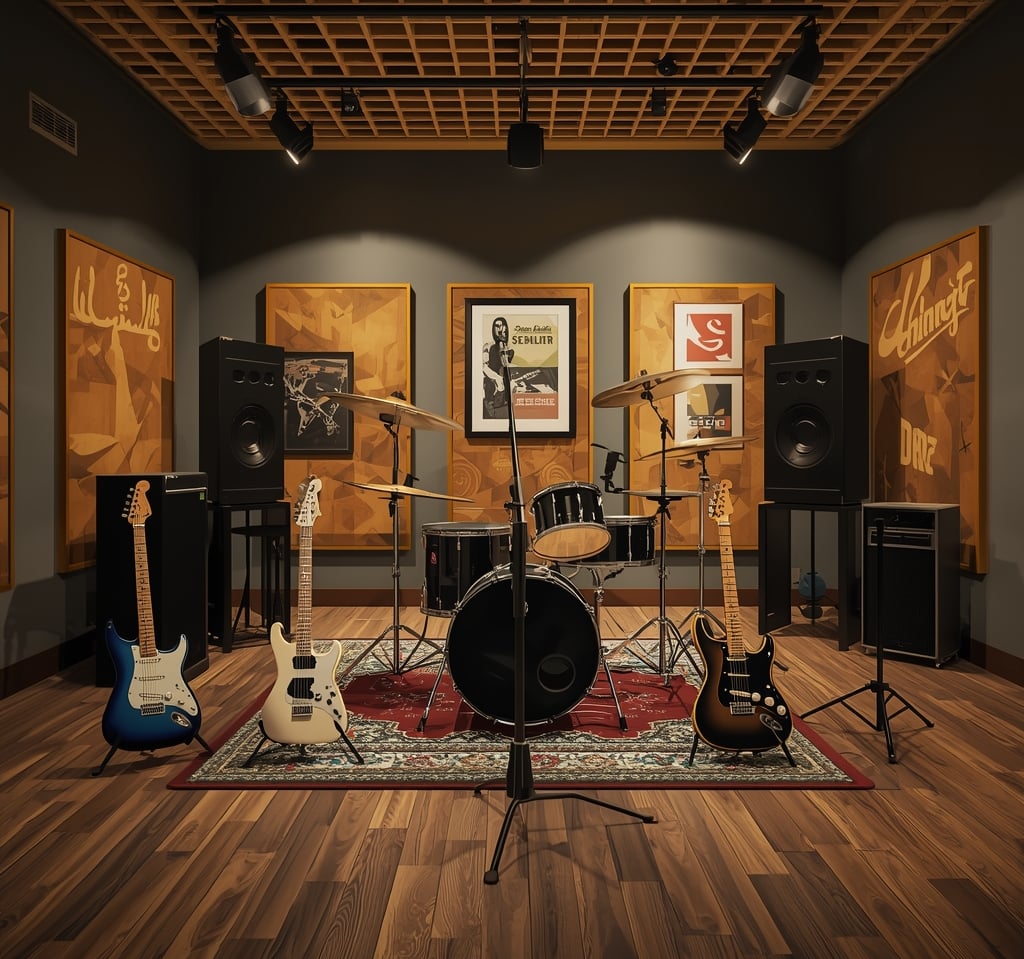 Estúdio de ensaio com instrumentos musicais prontos para formar uma banda de rock