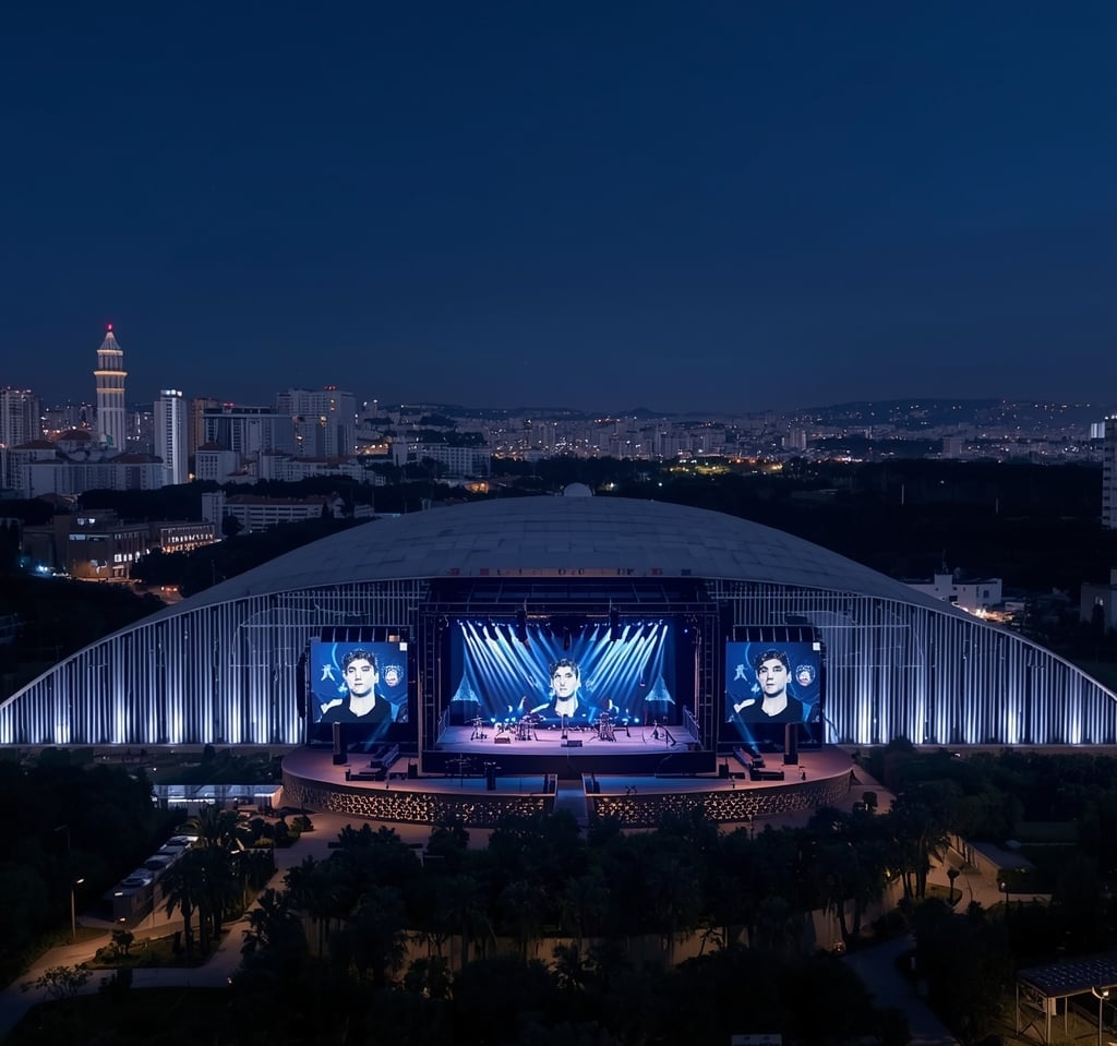 Arena de concertos em Portugal com palco iluminado e estrutura moderna