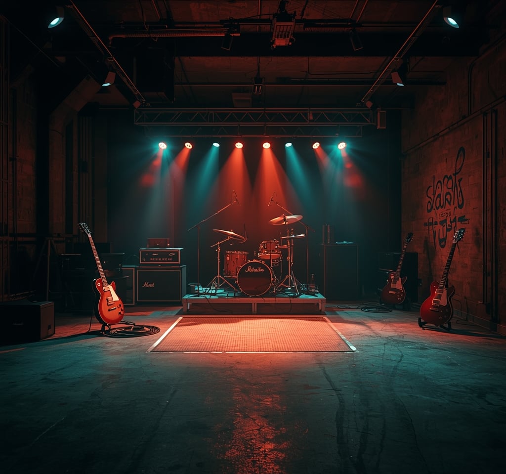 Palco de show com iluminação intensa e efeitos de fumaça criando atmosfera marcante