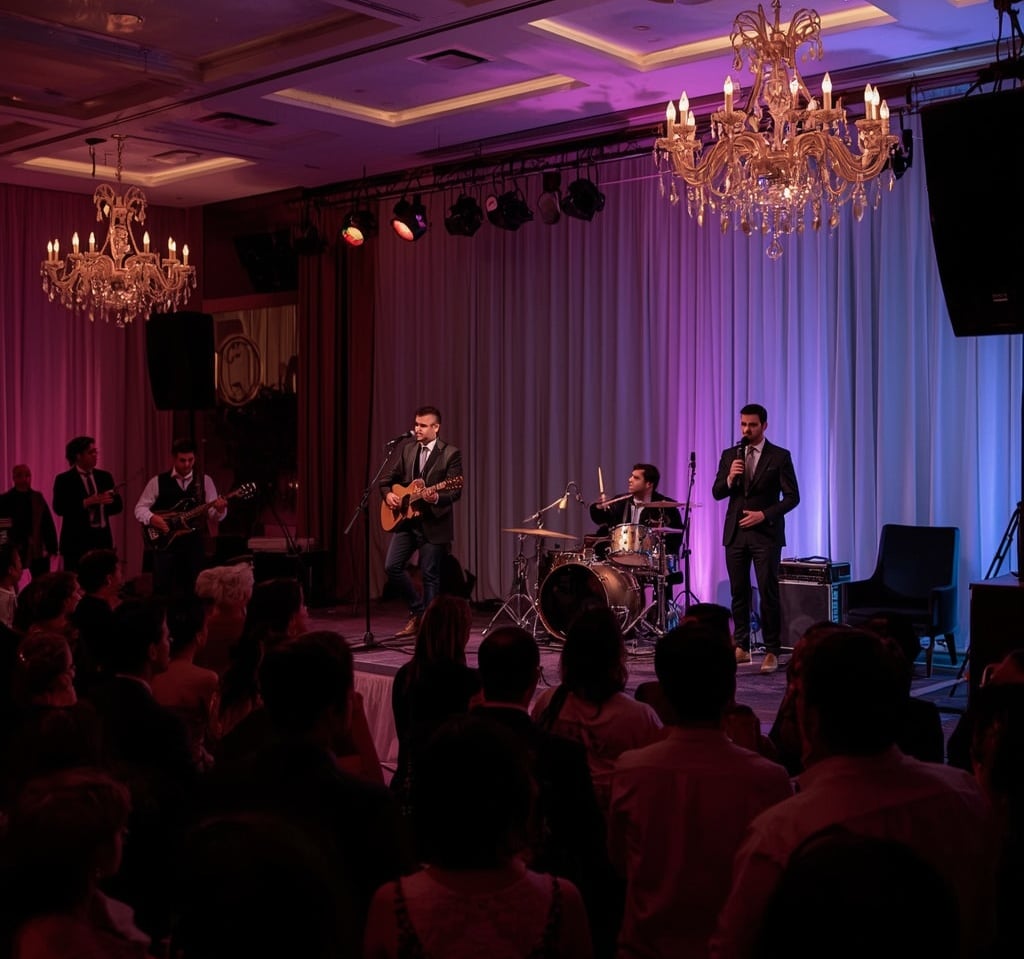 Banda tocando em evento corporativo em São Paulo com público participando