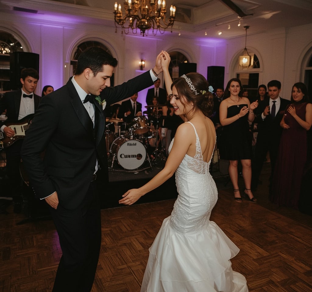 Banda de rock tocando durante casamento com convidados dançando