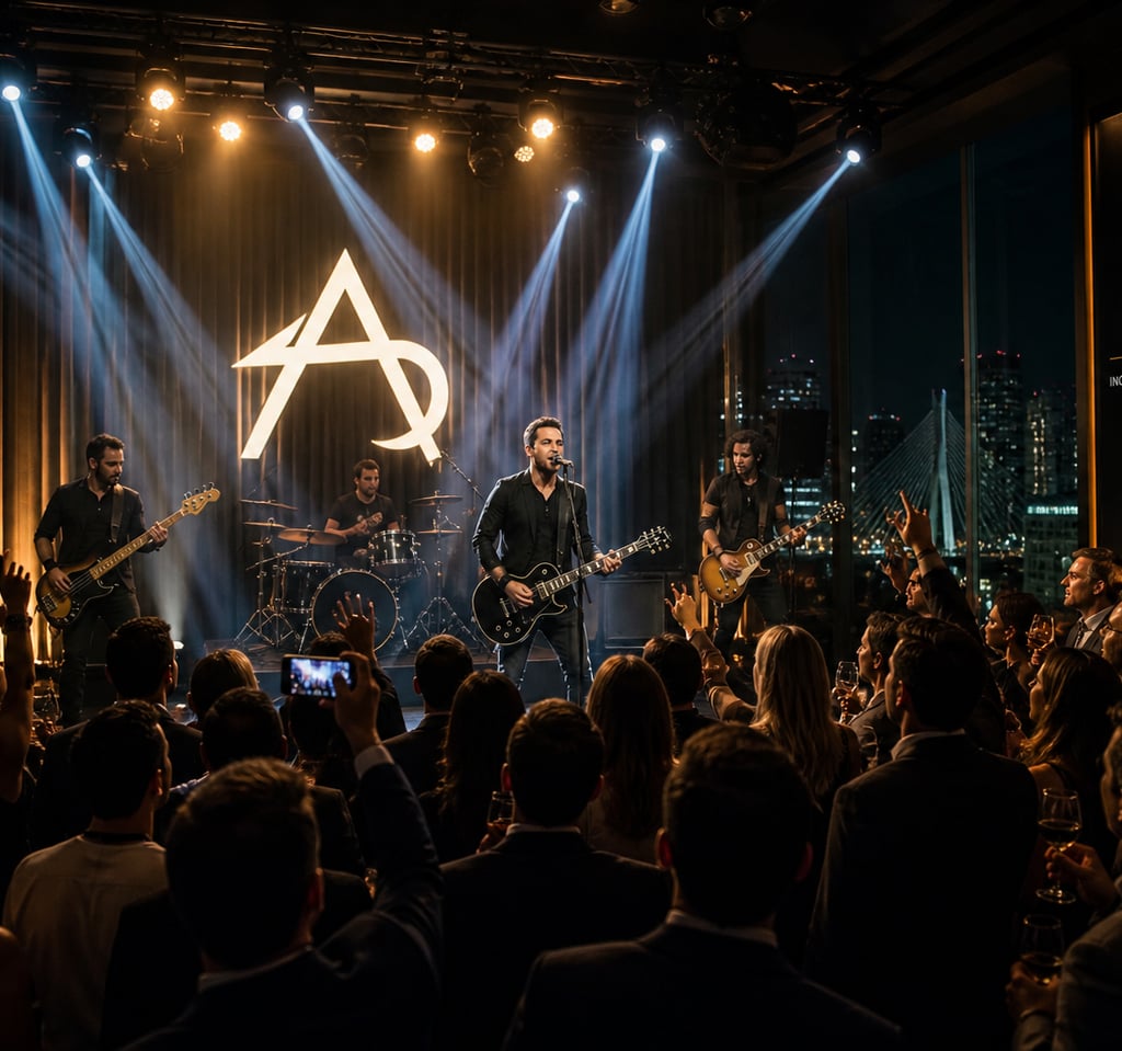 Banda de alto nível se apresentando ao vivo em evento sofisticado em São Paulo com iluminação profissional