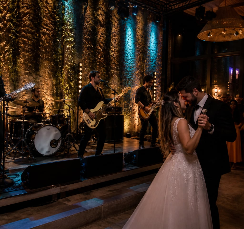 Banda tocando ao vivo em casamento em São Paulo com convidados dançando e clima emocionante
