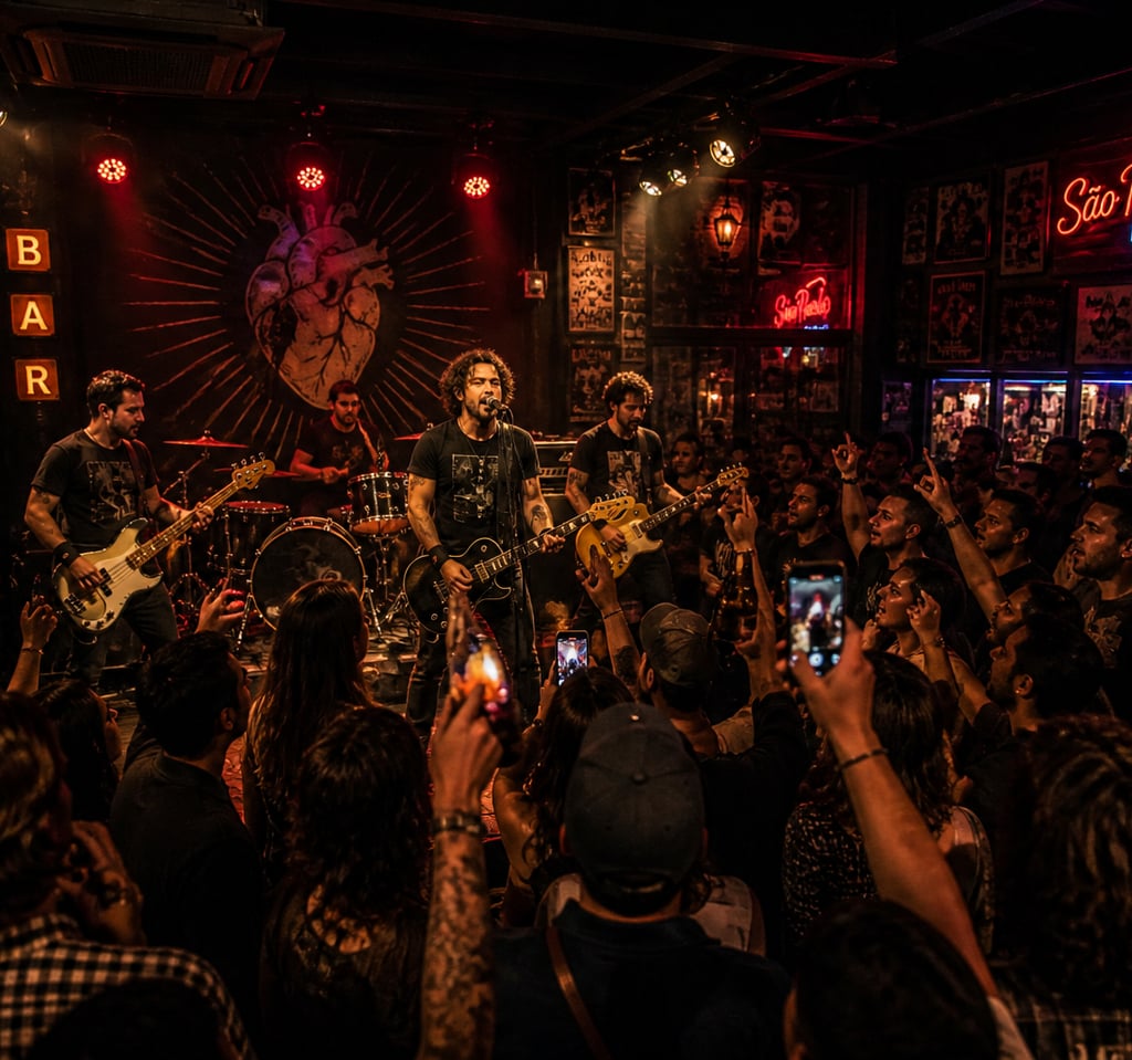 Banda de rock tocando ao vivo em bar em São Paulo com público animado