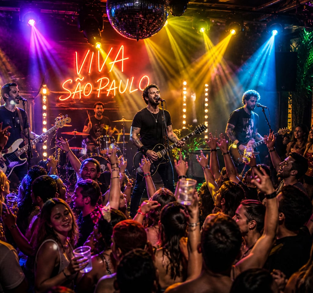 Banda tocando ao vivo em festa em São Paulo com público animado e pista cheia