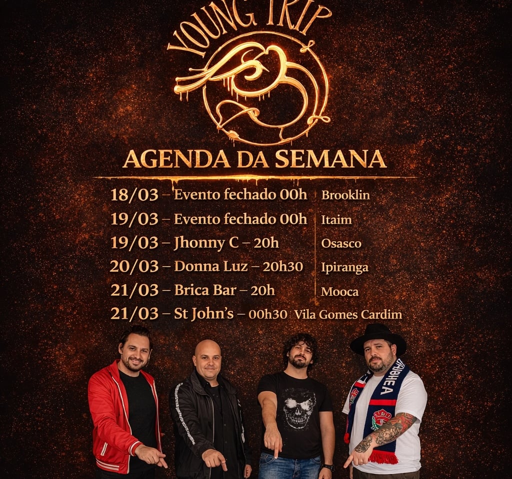 Banda Young Trip tocando rock ao vivo em bar com público animado em São Paulo