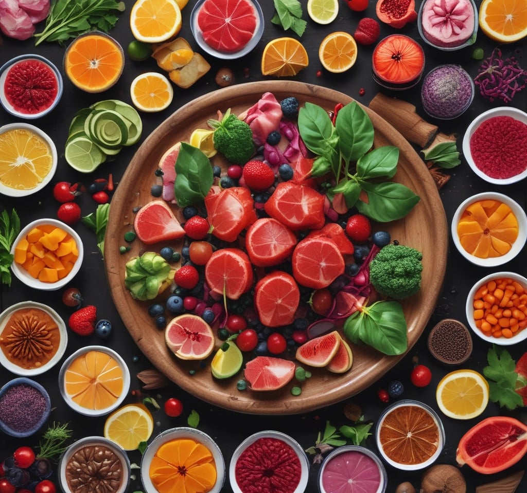 A rustic wooden table with a colorful bowl of fresh, vibrant salad featuring cherry tomatoes, sage leaves, and terracotta-hued peppers.