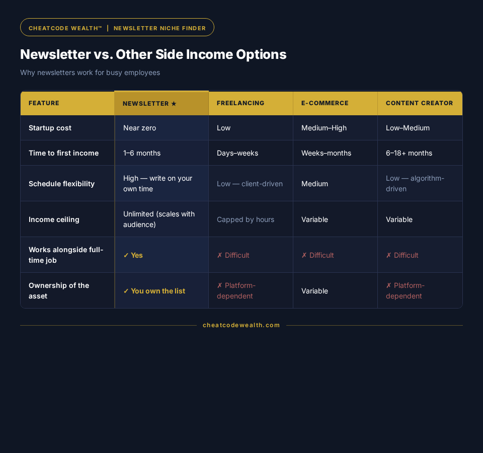 Comparison chart showing newsletters vs freelancing, e-commerce, and content creation for side income.