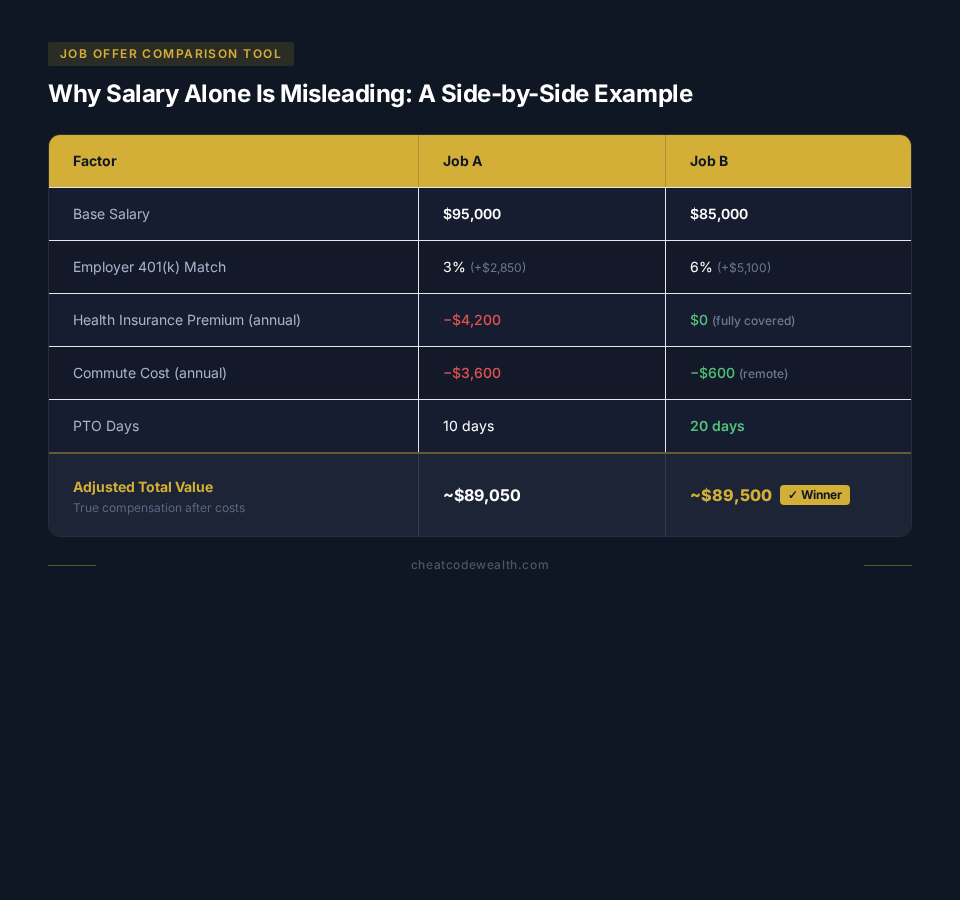 A job offer comparison table showing total compensation including salary, 401k match, and benefits.