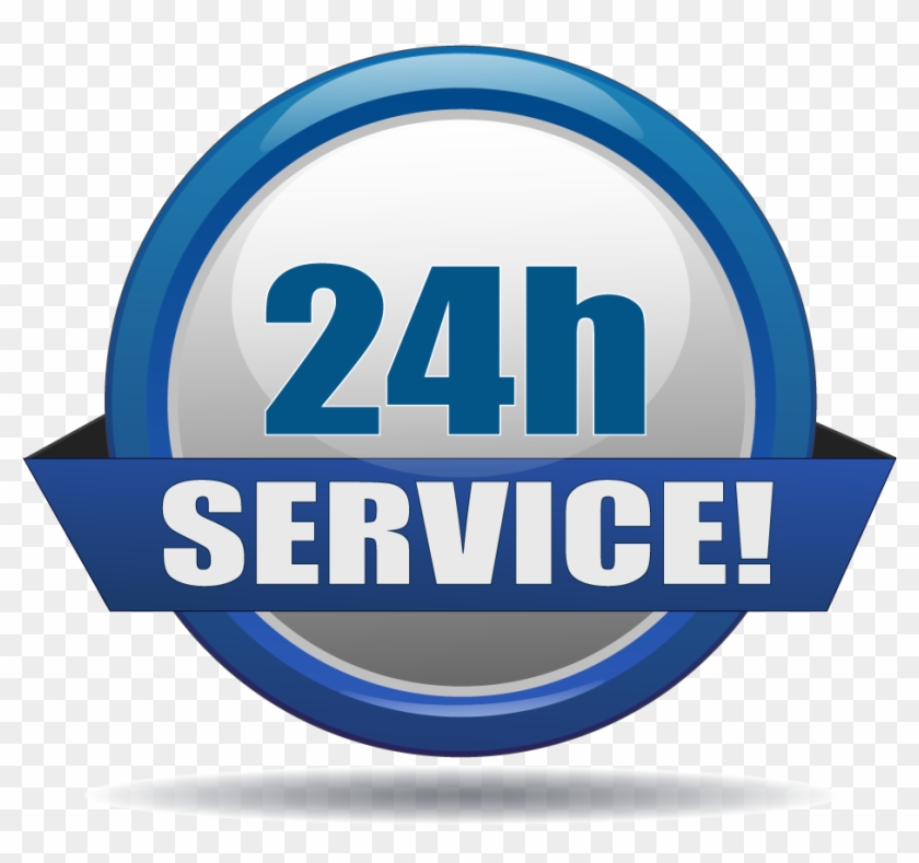 a service center with a blue ribbon around the logo