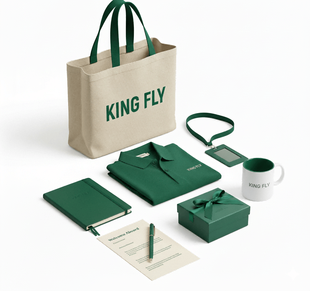 King Fly Corporate Welcome Kit: Green Polo, Tote, Notebook & Mug.