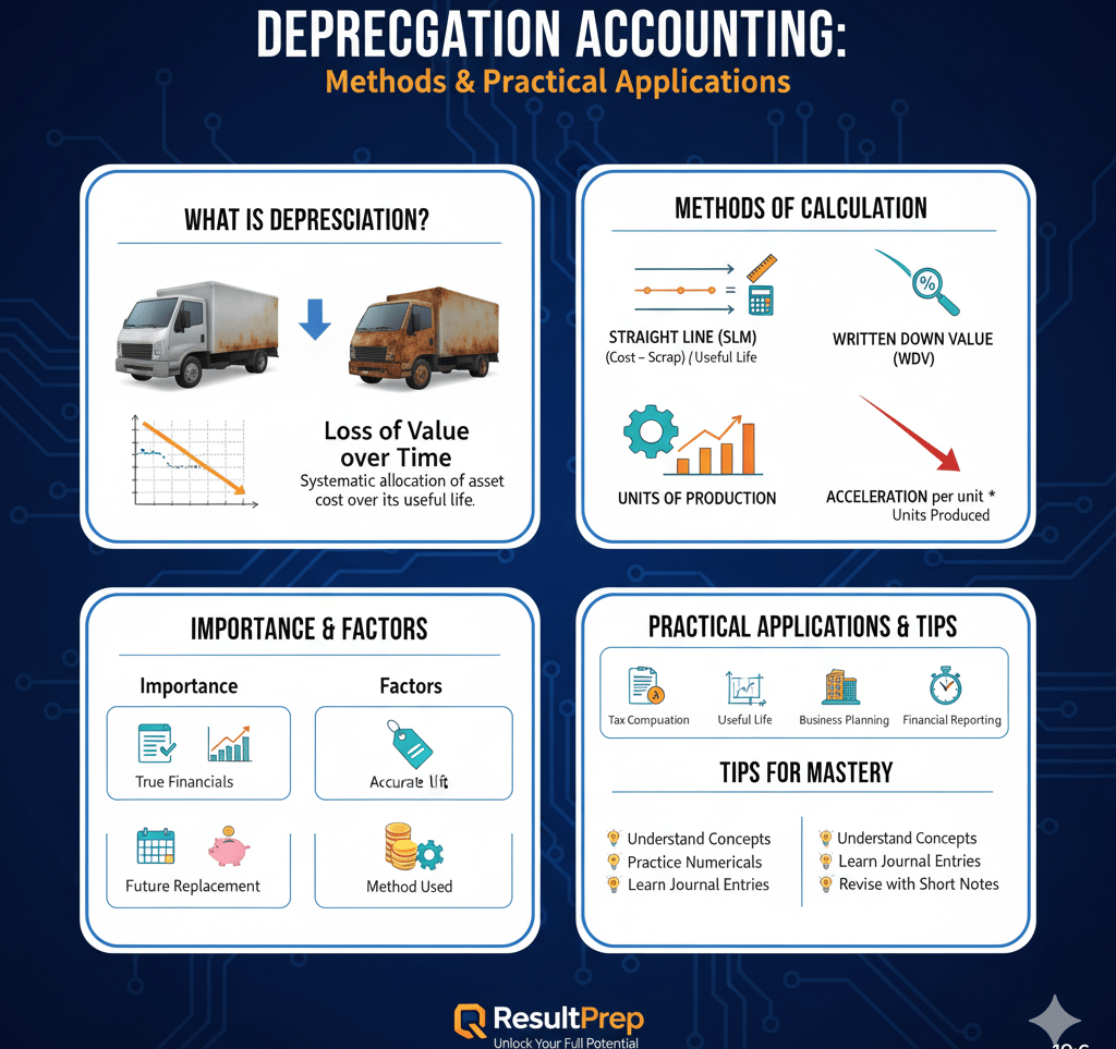 An accounting illustration showing a large **machine/asset** with a visible decline in value over ti