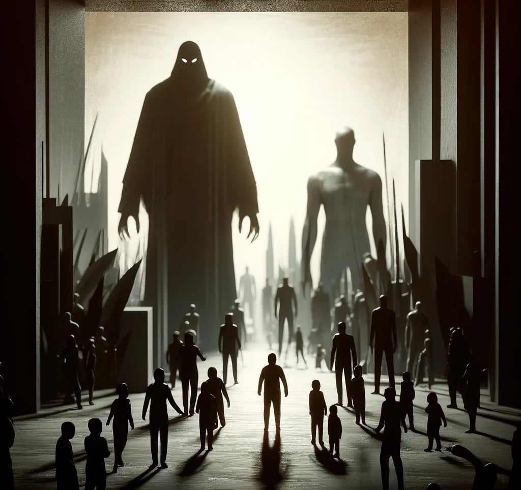 a group of people walking through a room with a giant shadow