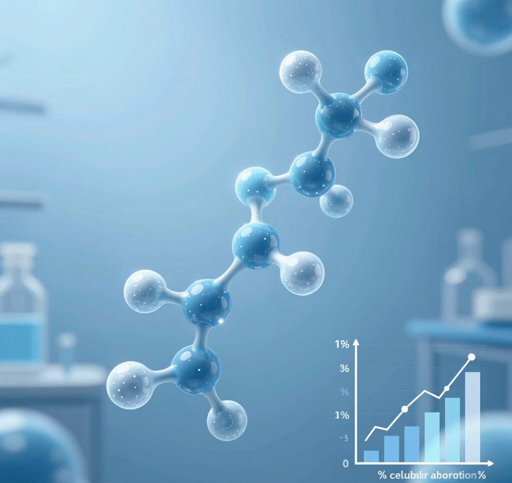 3D molecular structure model floating in a blue laboratory setting with a cellular data growth chart.