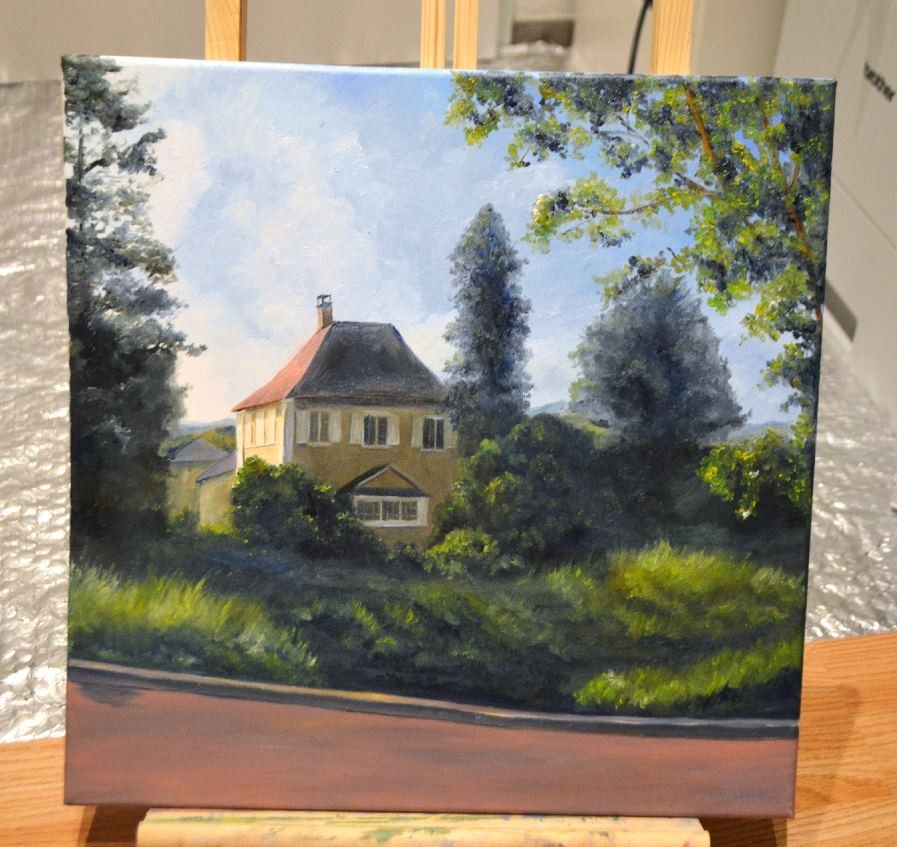 a painting of a house with a red roof beside a red road