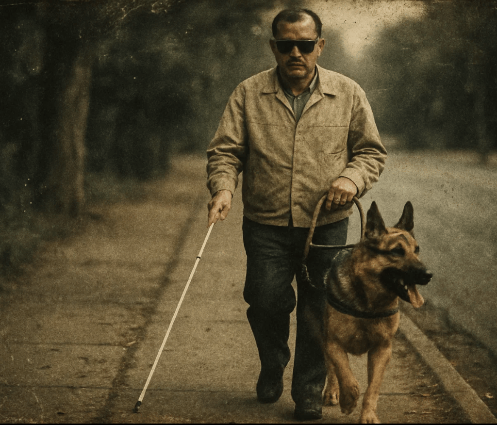 Chien qui guide un malvoyant pour la journée internationale des chiens guides