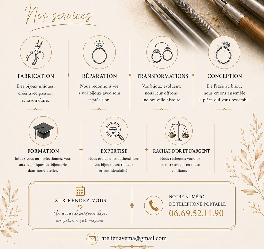 Infographic of jewelry services including custom fabrication, repair, gold buying, and jewelry making workshops.