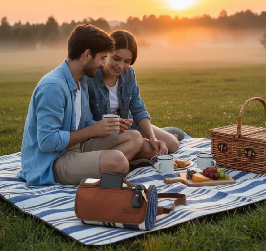 Couple enjoying sunset picnic on a blanket with wicker basket and mugs
