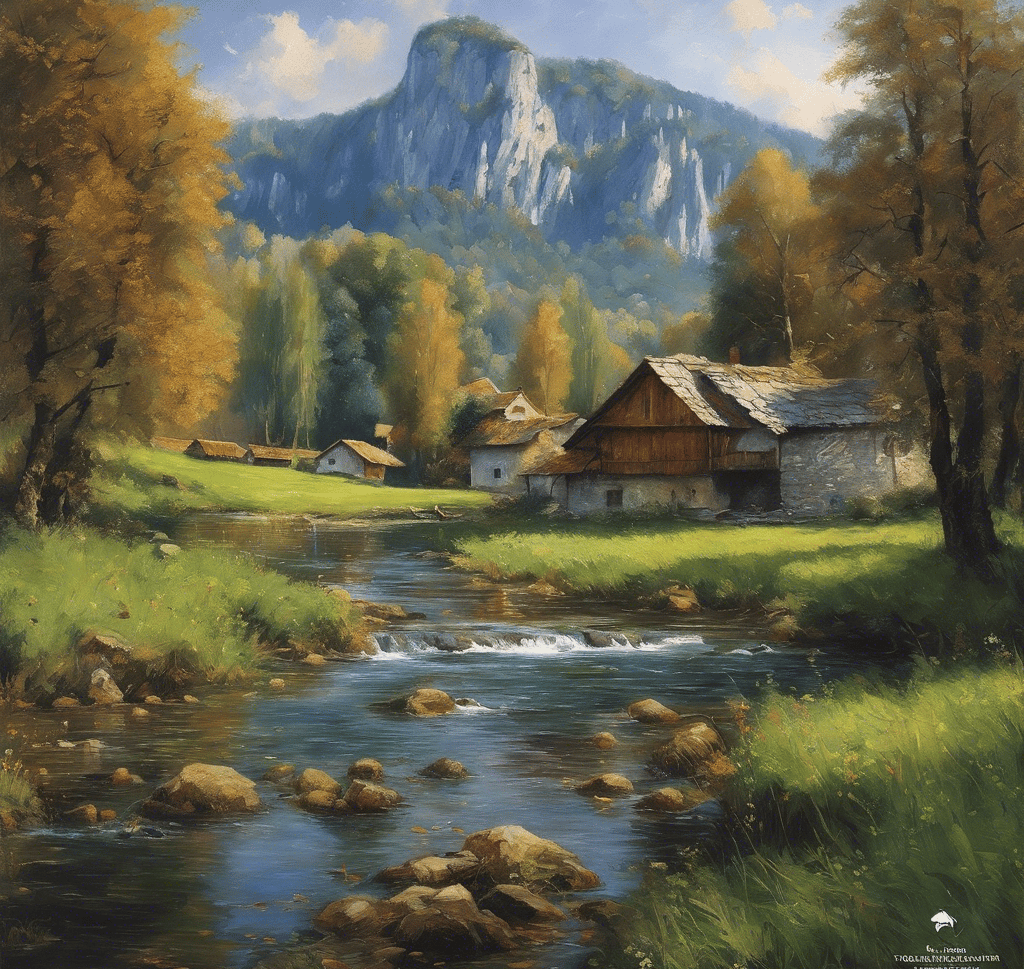 a painting of a mountain scene with a stream running through it