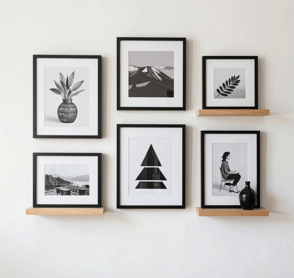 Wall decor with framed art and shelves displaying personality in a clean layout.