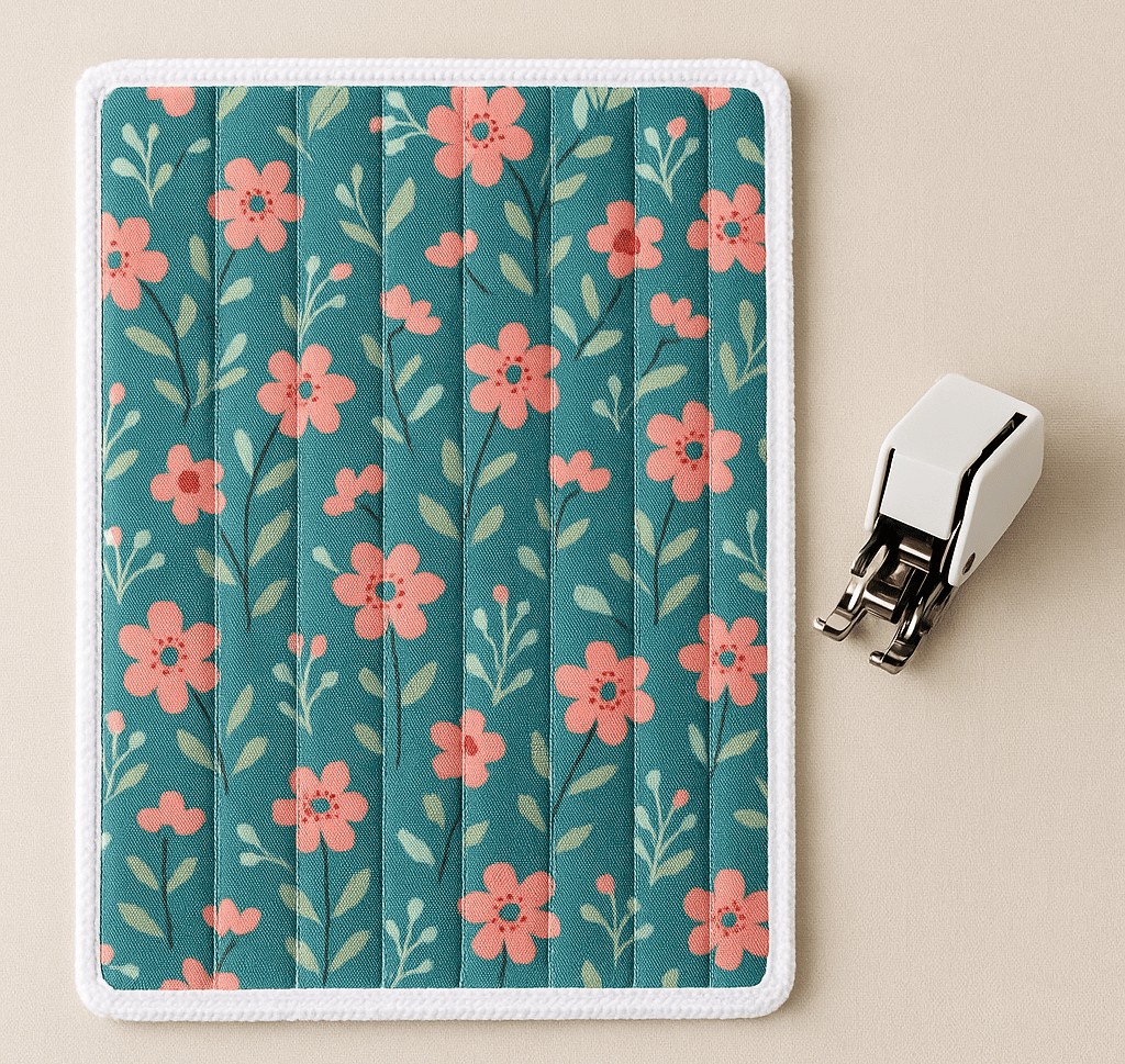 A floral-patterned DIY dish drying mat with vertical quilted lines lies flat on a beige surface next