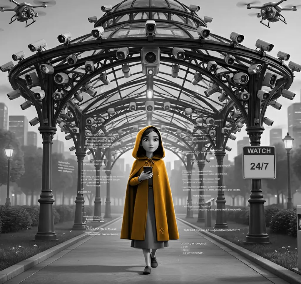 A woman walks through a park that has 100 surveillance cameras tracking her every move. 