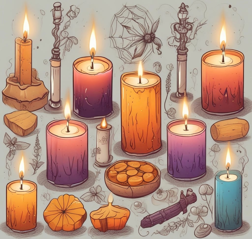 a group of candles sitting on top of a wooden block