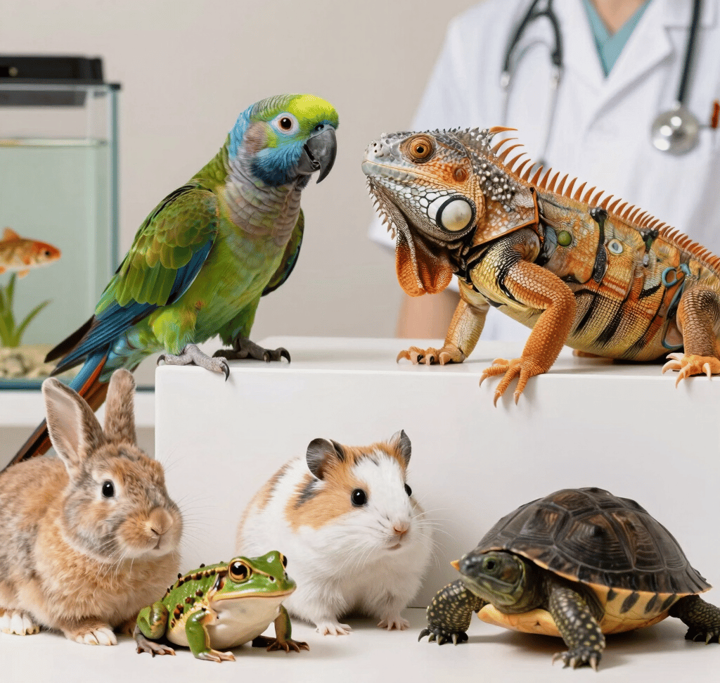 Veterinarian examining a colorful exotic bird in a bright clinic room.