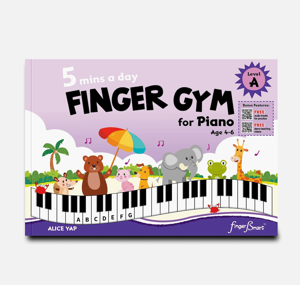 Finger Gym for Piano Level A book cover featuring cartoon animals on a piano keyboard for kids ages 4-6.