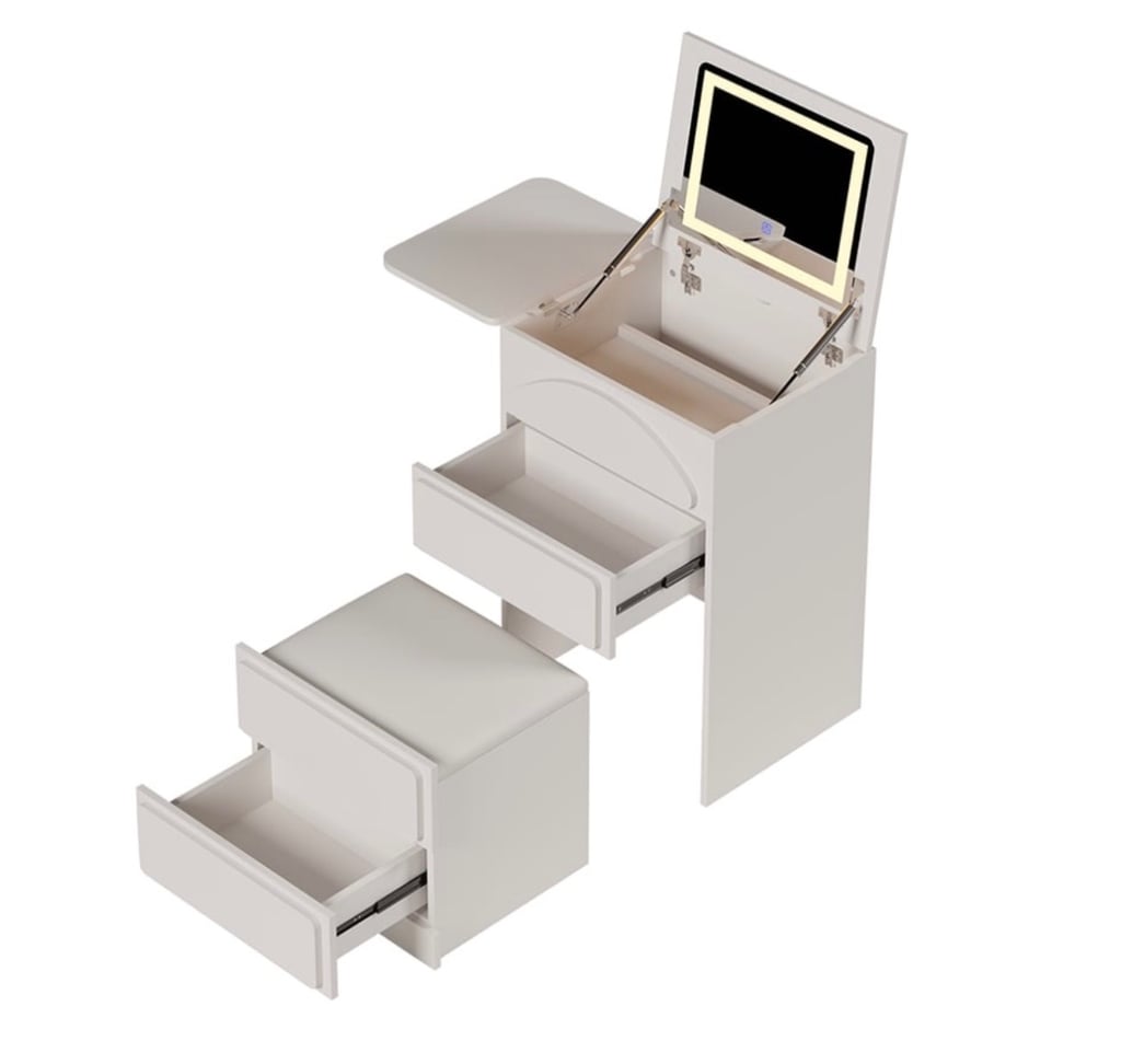 Transforming cabinet turns into bedroom, vanity, lots of storage and hidden stool with drawer