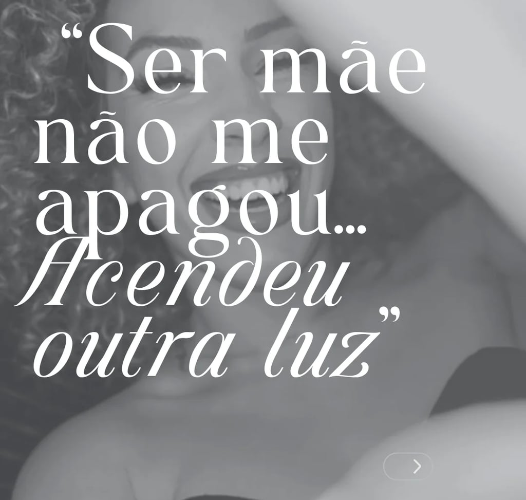 Inspirational Portuguese motherhood quote over a black and white portrait of a smiling woman.