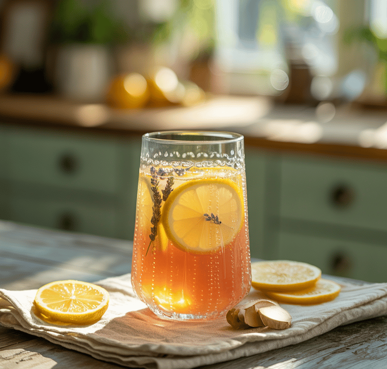 A refreshing glass of homemade healthy lemonade infused with lemon slices,fresh ginger, and lavender