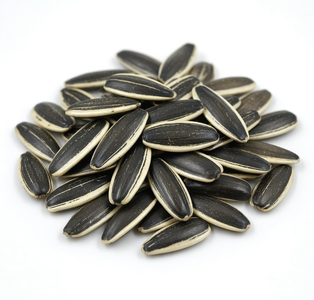 A heap of whole roasted sunflower seeds in black and white shells on a plain white background.