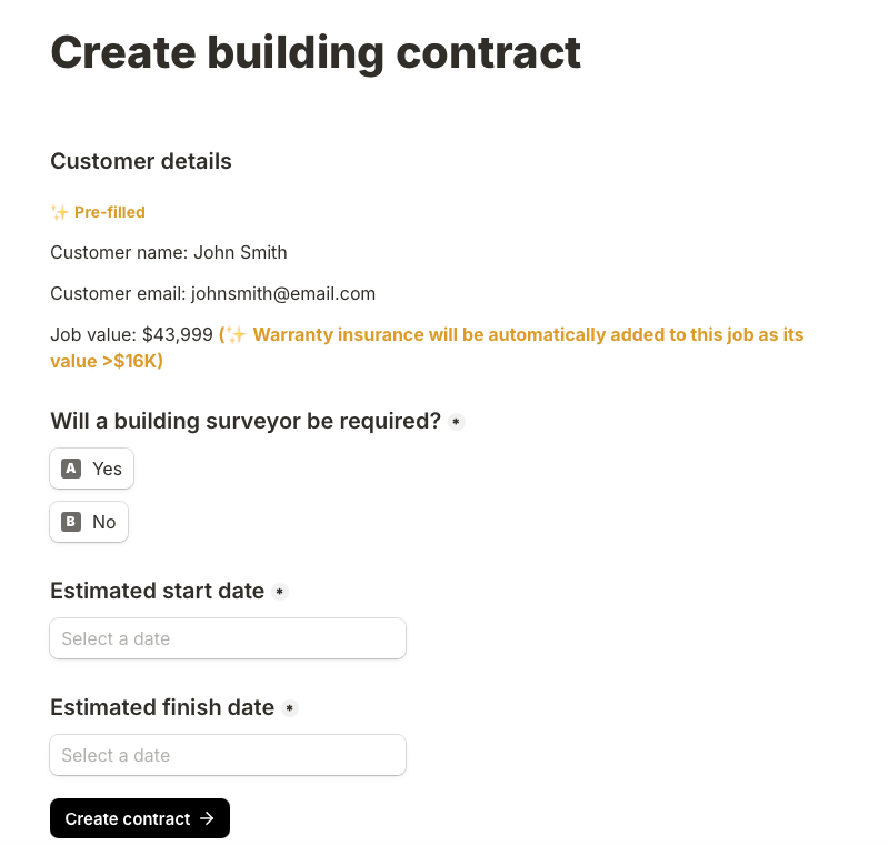 Digital building contract form showing customer details, job value, and project date selectors.