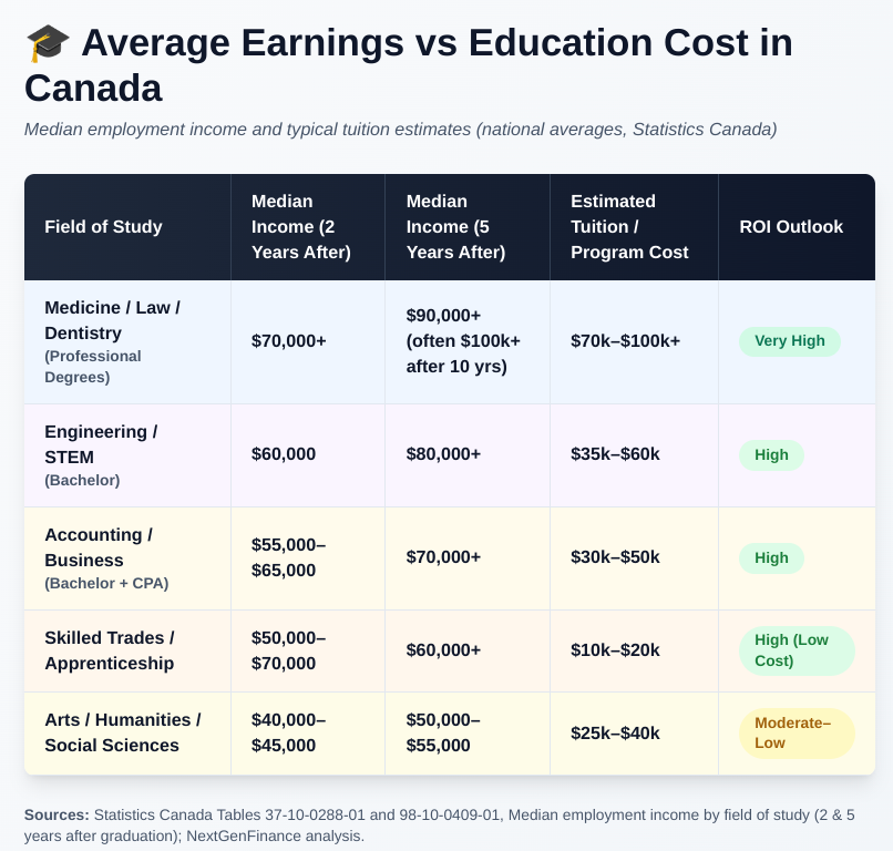 Average earnings by field of study in Canada