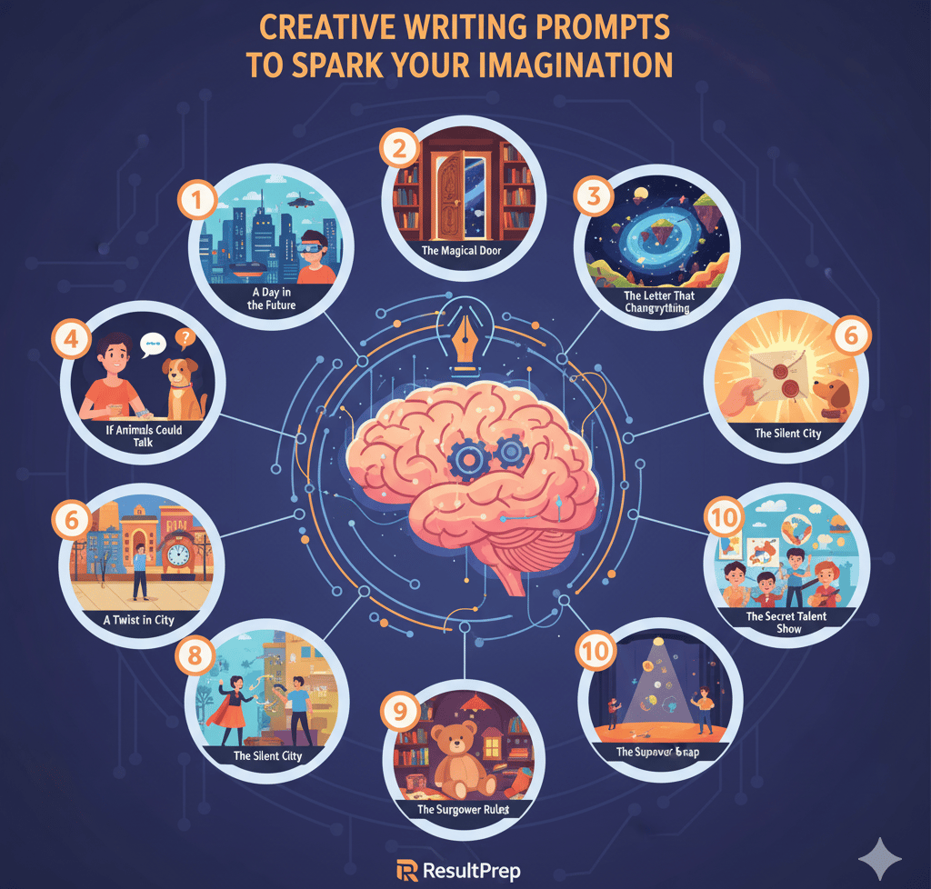 A colorful illustration showcasing 10 creative writing prompts centered around a brain with gears an