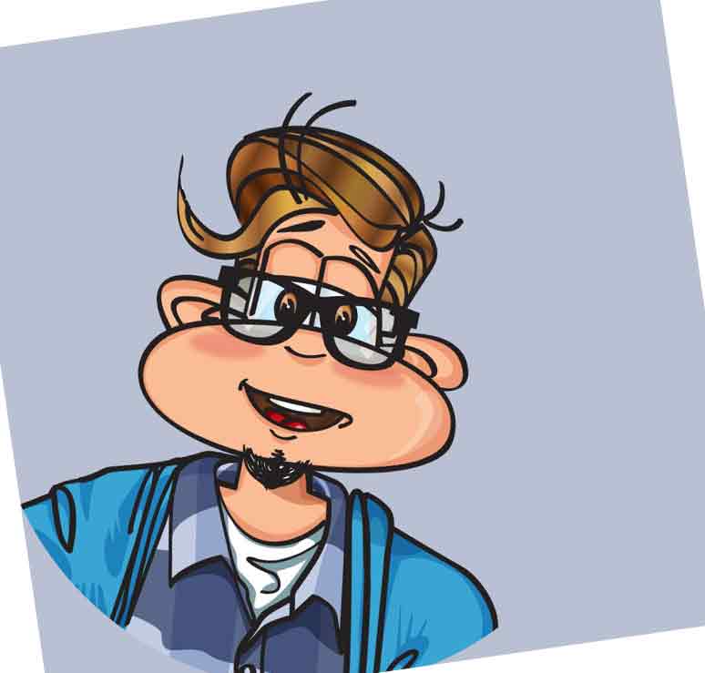 a cartoon character with glasses and a blue shirt