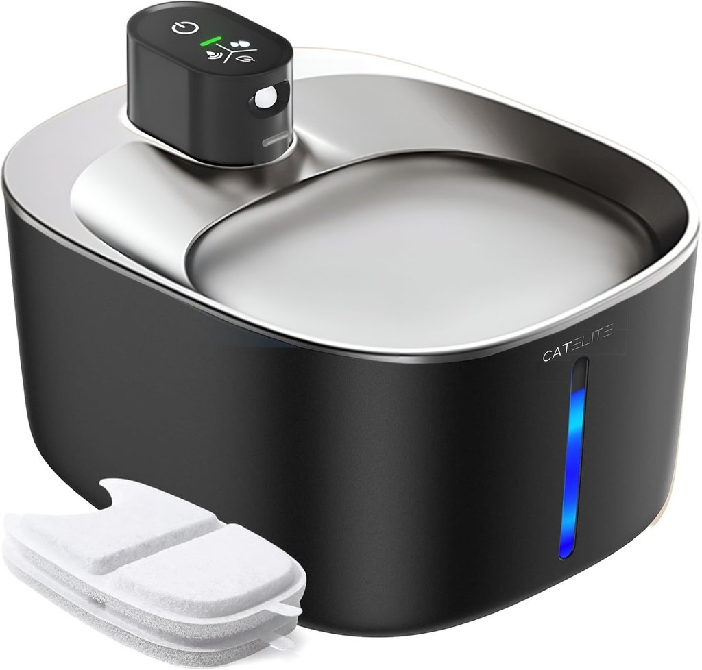 Luxe zwarte CatElite Premium drinkfontein met een modern design en witte filters voor katten.