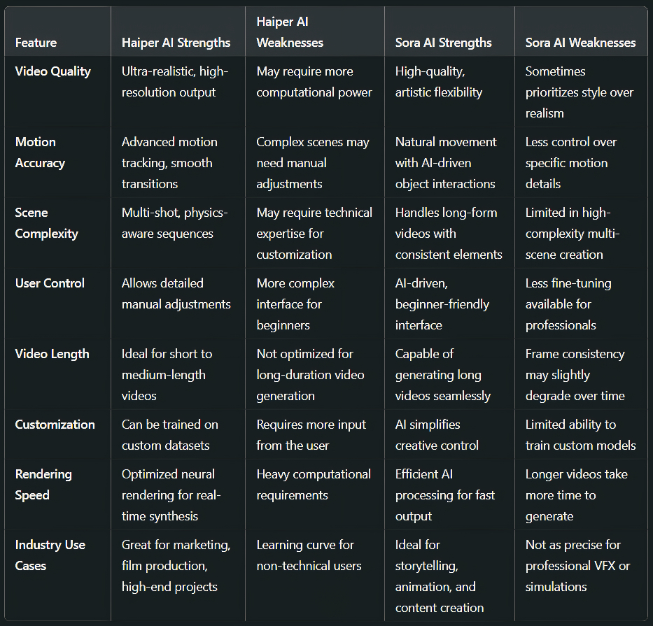 Strengths and Weaknesses of Haiper AI vs. Sora AI