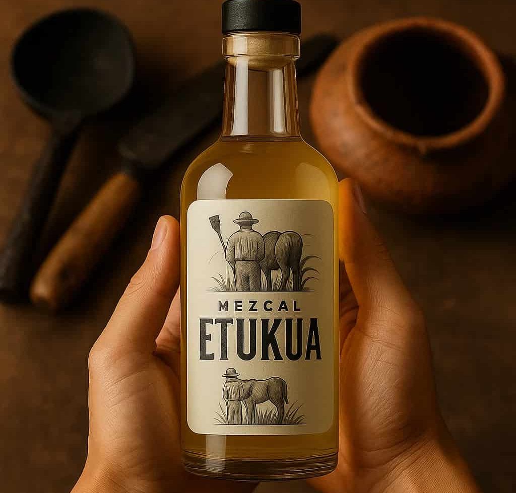 Manos abiertas mostrando una etiqueta de mezcal Etukua con detalles visibles, sobre un fondo de 