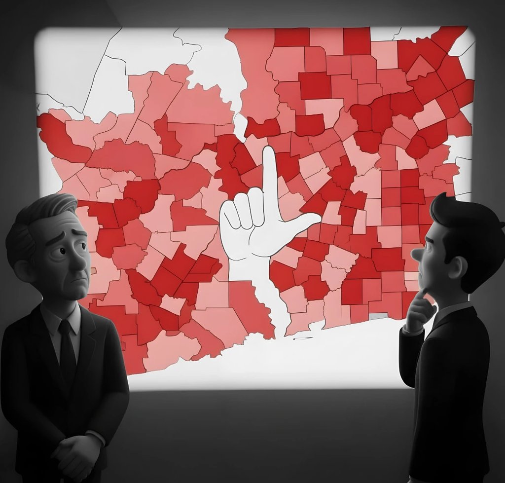 Legislators look at voting map of Texas in which a district forms the loser symbol