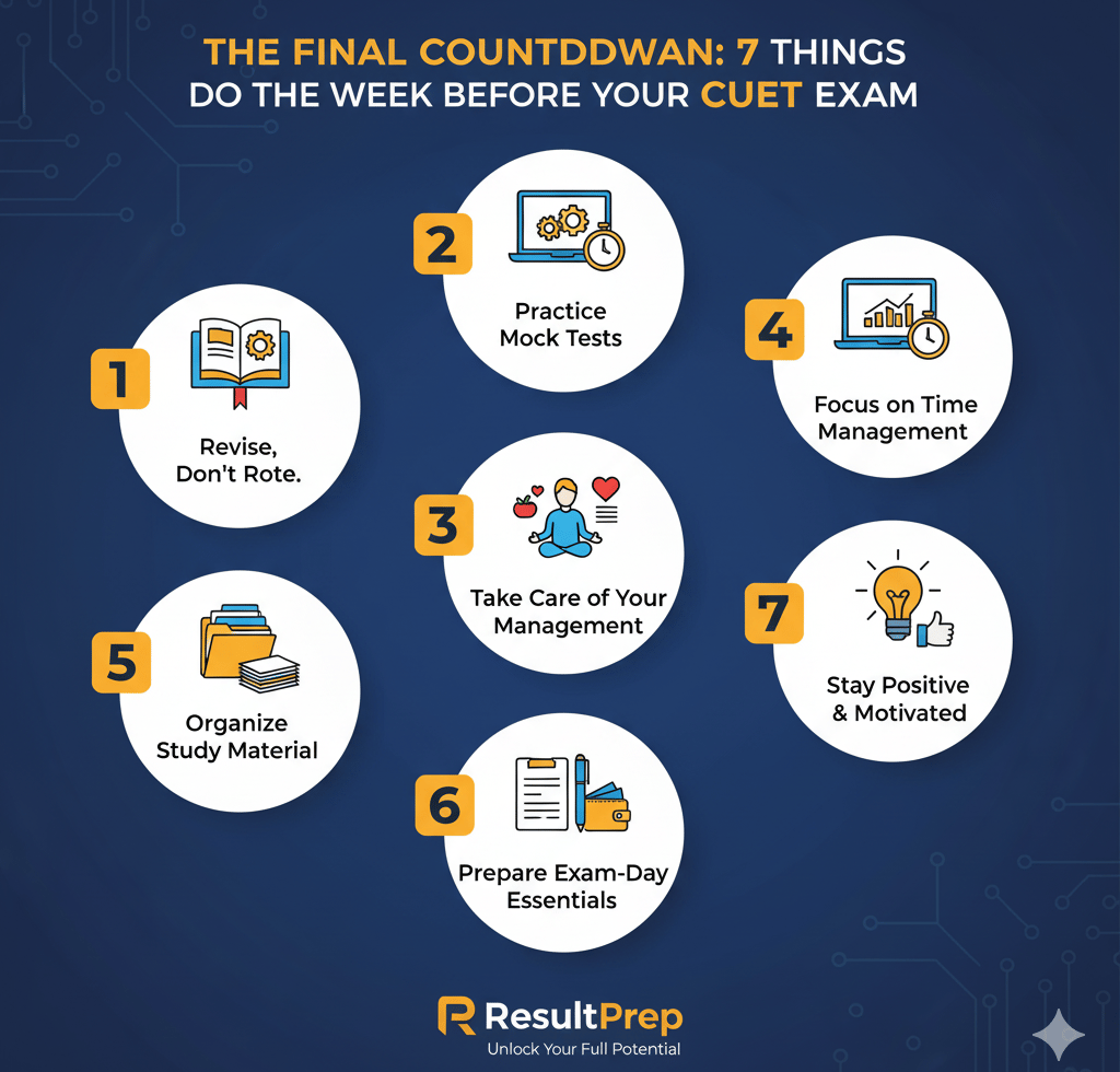 An illustration showing a large digital clock counting down the final week to the CUET exam, surroun