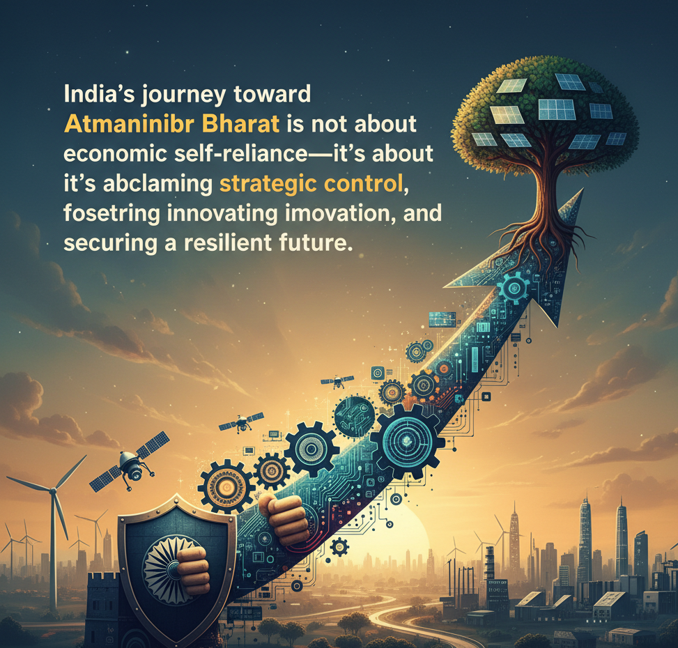 A shield with India's emblem morphs into an upward arrow, growing into a solar-powered tree.