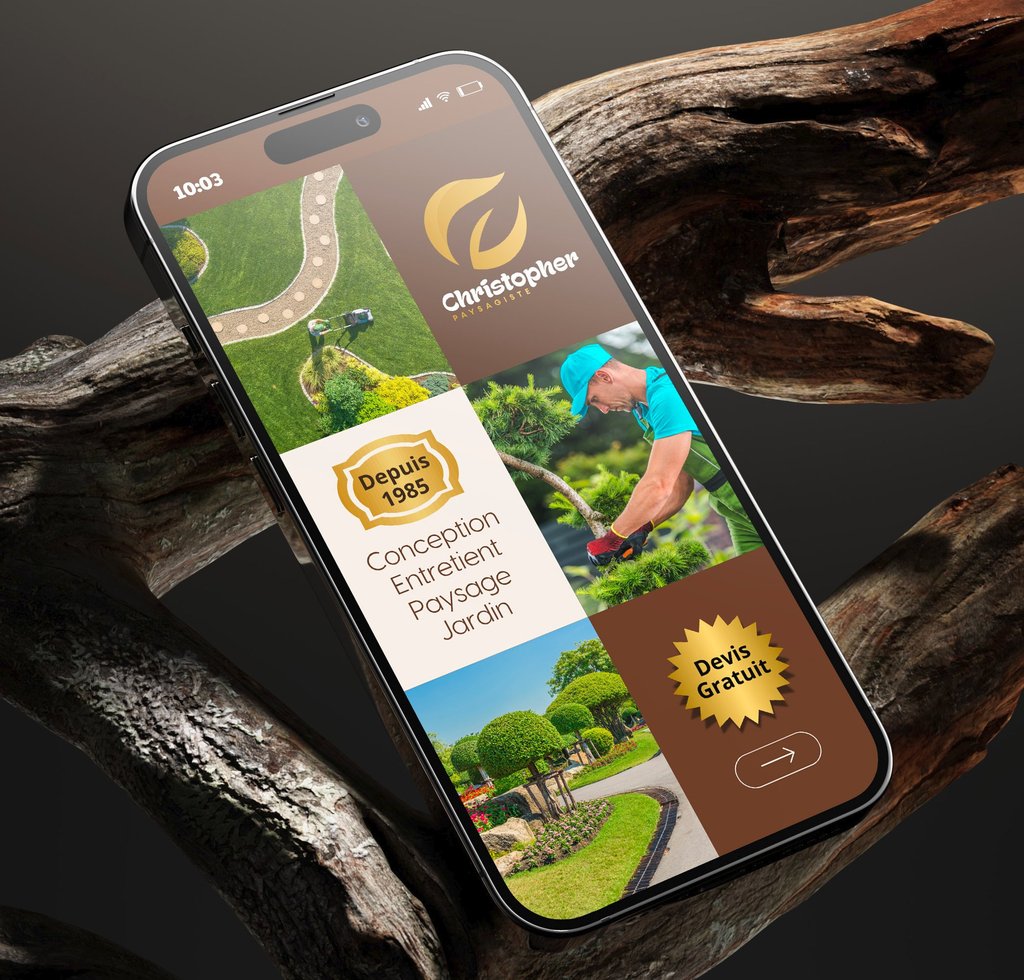 Site web de paysagiste sur un smartphone avec les services de conception et d'entretien de jardin.