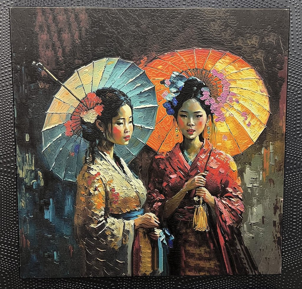 Close-up of Japanese Girls with Umbrella canvas texture on suede textile backing
