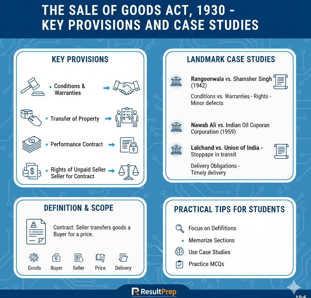 A conceptual illustration for The Sale of Goods Act, 1930. It depicts a handshake between a seller a