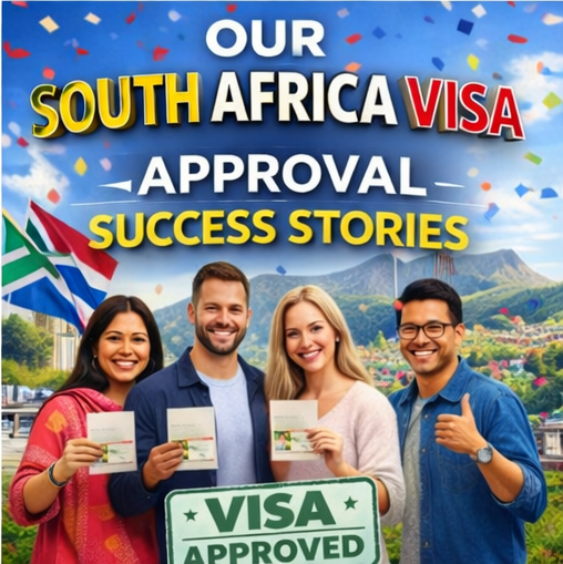 South Africa visa approval success banner with happy applicants holding passports and visa approved