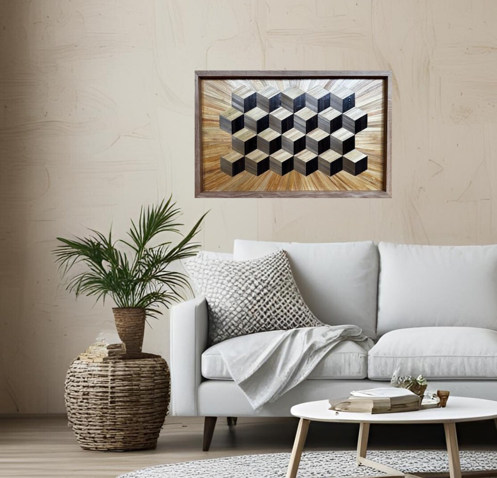 tableau en marqueterie de paille cubes d'oeben
