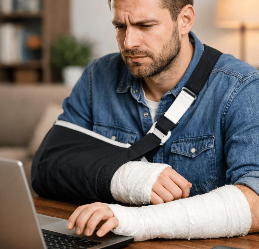 Hombre con ambos brazos escayolados usando un ordenador portátil con dificultad